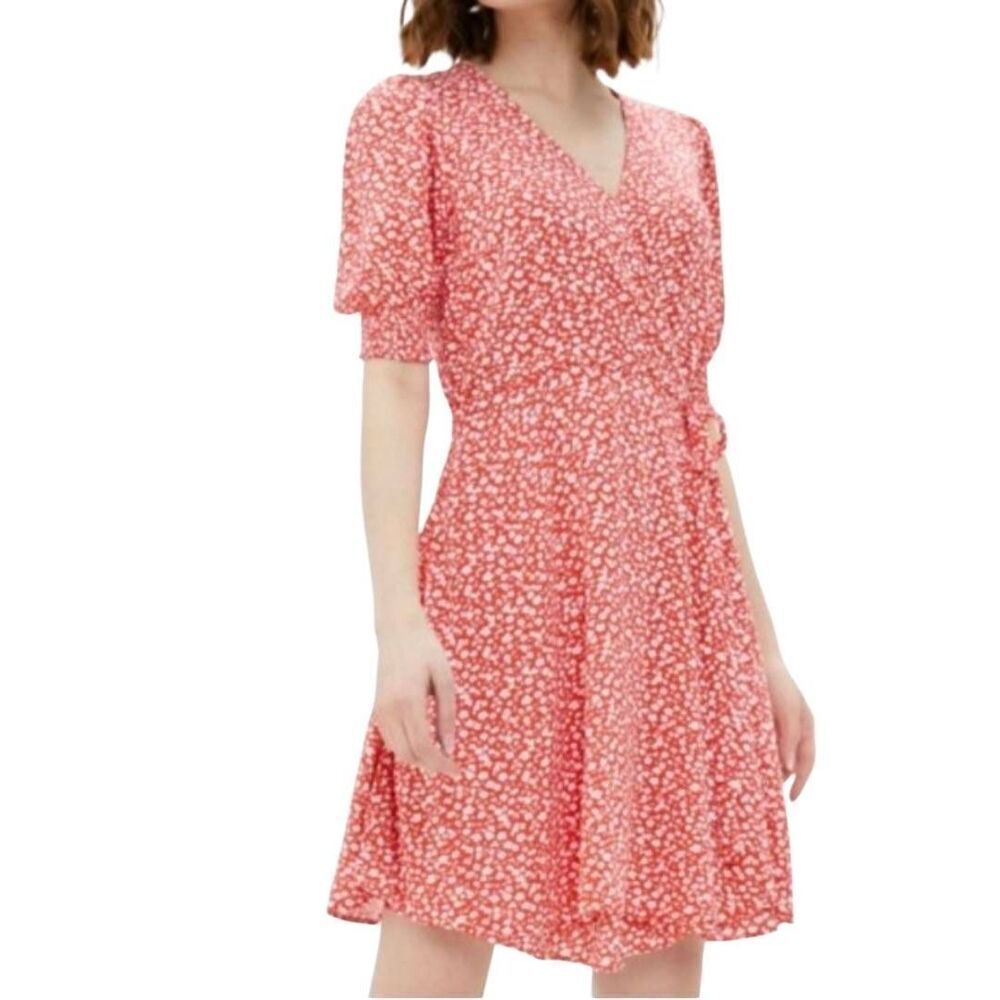 Banana Republic Women's Coral & White Poly/Spandex Floral Lined Mini Wrap Dress